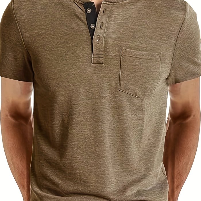 Solid Color Men's Basic Henley Tee With Chest Pocket, Casual Slim Short Sleeve Henley T-Shirt With Button