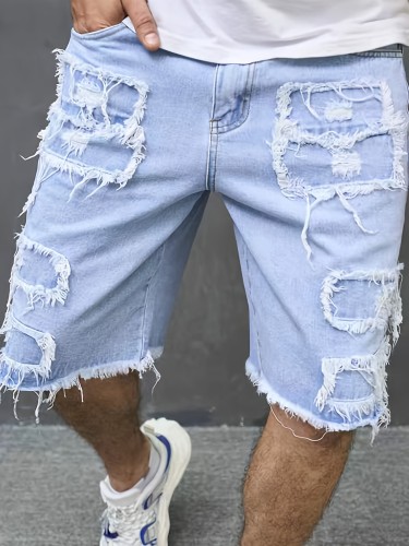 Ripped Denim Shorts For Men, Street Style Raw Hem Casual Jorts, Men's Jeans For Summer Daily Wear, Bermuda Shorts