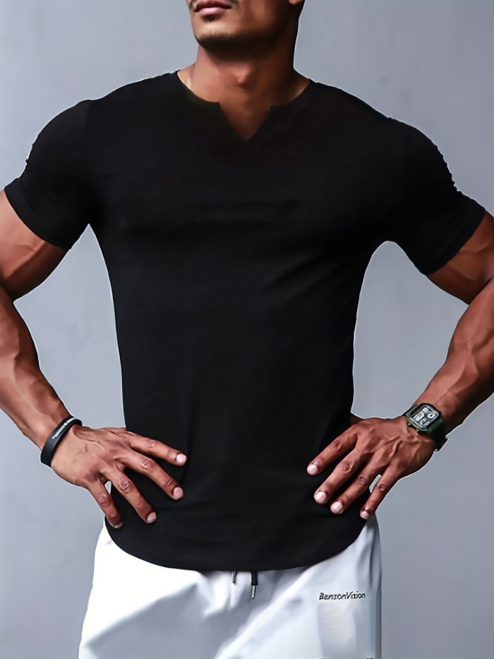 Solid Color Men's Comfy V-Neck Medium Stretch T-shirt, Men's Summer Clothes, Men's Outfits