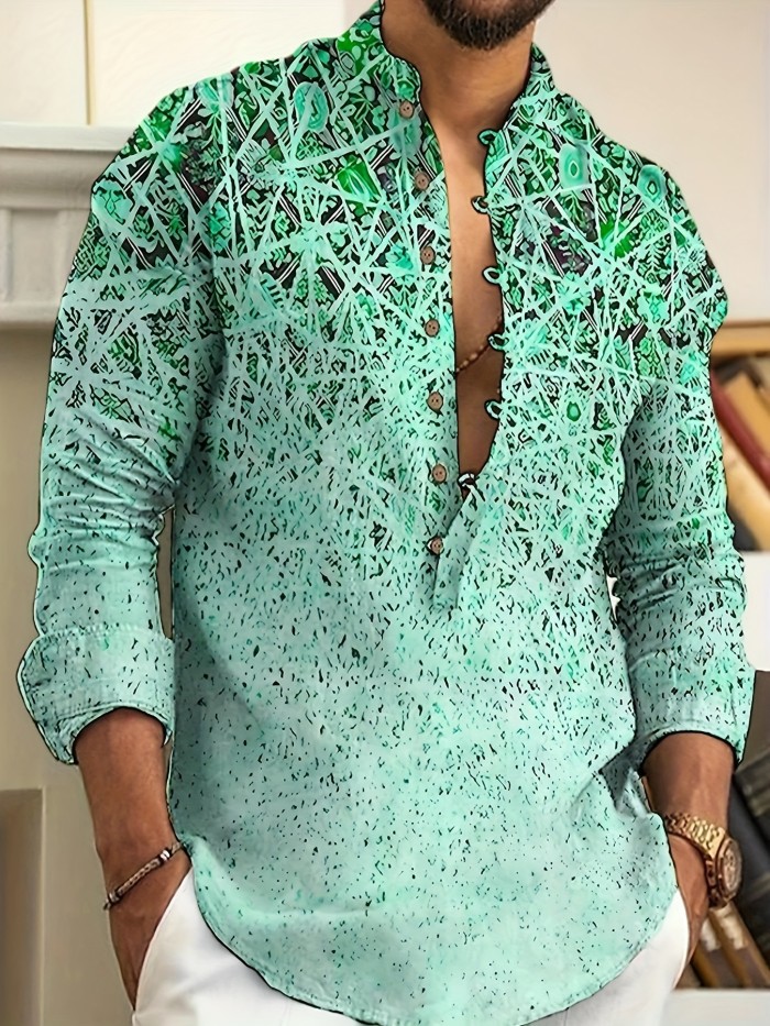 Men's Casual Printed Button Up Long Sleeve Henley Shirt
