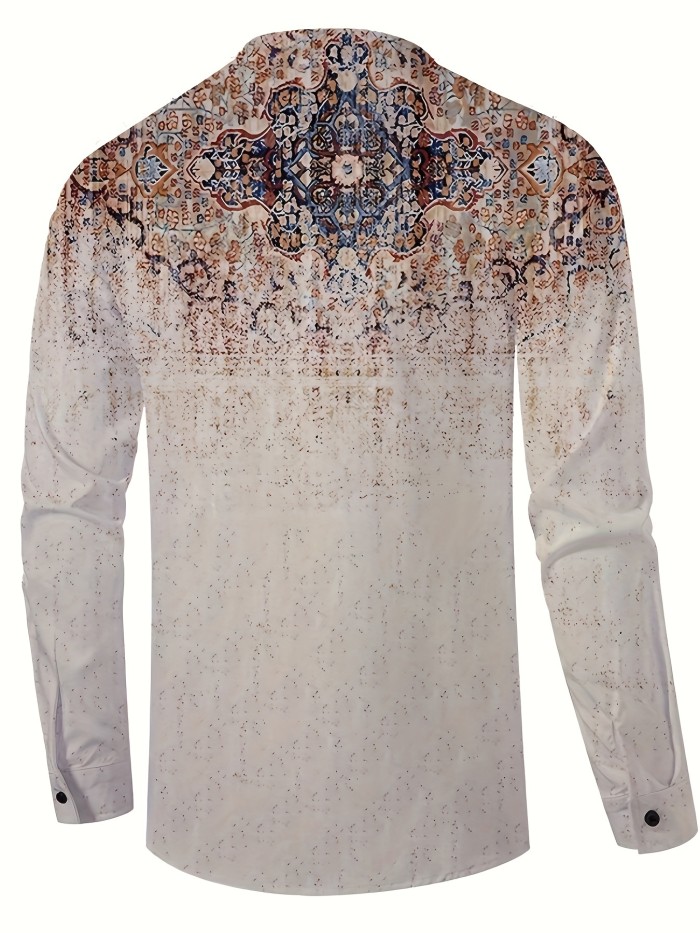 Men's Casual Printed Button Up Long Sleeve Henley Shirt