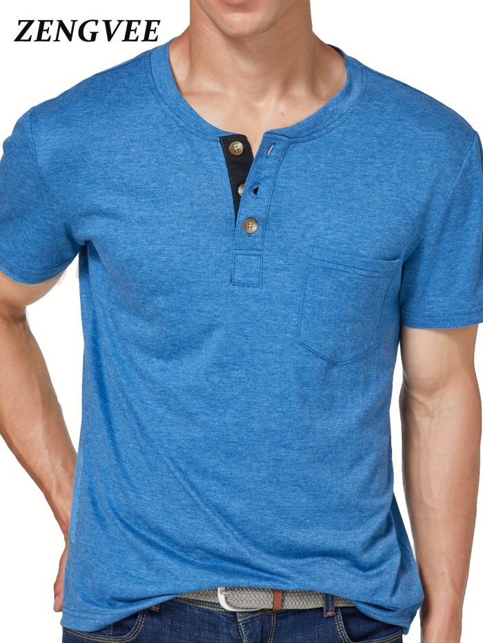 Solid Color Men's Basic Henley Tee With Chest Pocket, Casual Slim Short Sleeve Henley T-Shirt With Button