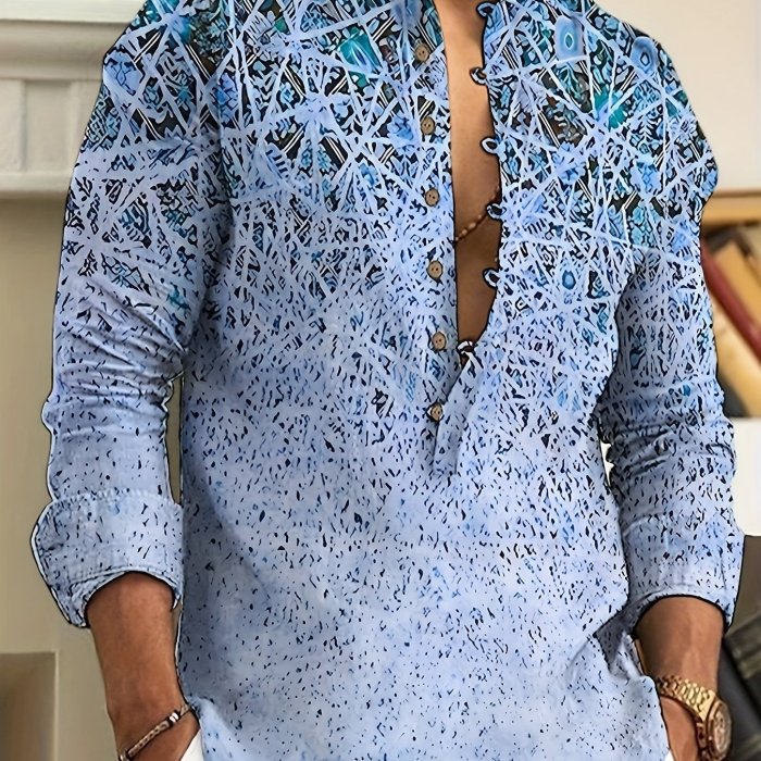 Men's Casual Printed Button Up Long Sleeve Henley Shirt