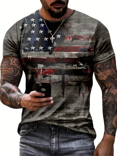 Retro Stars And Stripes Print, Men's Graphic Design Crew Neck Active T-shirt, Casual Comfy Tees Tshirts For Summer, Men's Clothing Tops For Daily Gym Workout Running