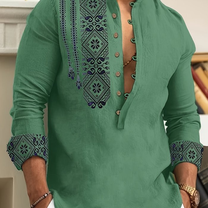 Men's Ethnic Style Trendy Geometric Pattern Long Sleeve Henley Shirts, Comfy Breathable Casual Slightly Stretch Tops, Men's Clothing