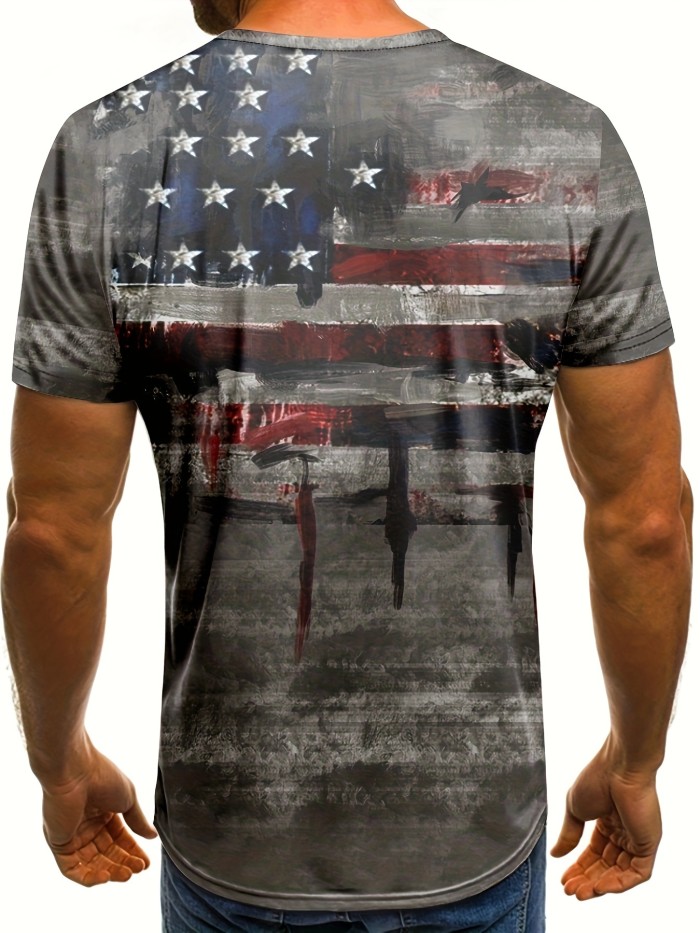 Retro Stars And Stripes Print, Men's Graphic Design Crew Neck Active T-shirt, Casual Comfy Tees Tshirts For Summer, Men's Clothing Tops For Daily Gym Workout Running