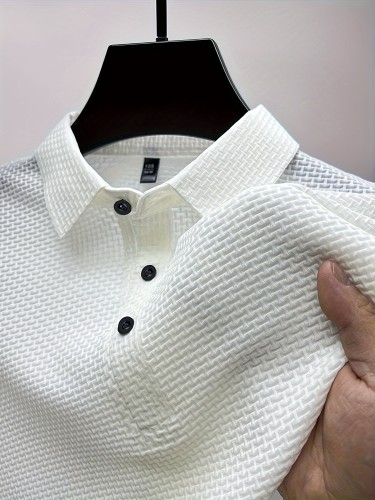 Mesh Comfy Men's Stretch Solid Short Sleeve Lapel Golf Shirt, Summer Outdoor, Gift For Men