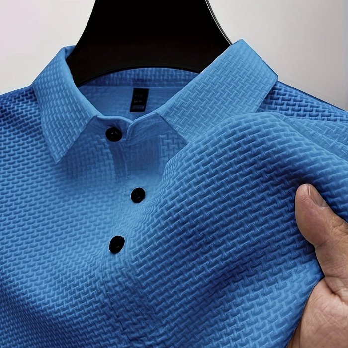 Mesh Comfy Men's Stretch Solid Short Sleeve Lapel Golf Shirt, Summer Outdoor, Gift For Men