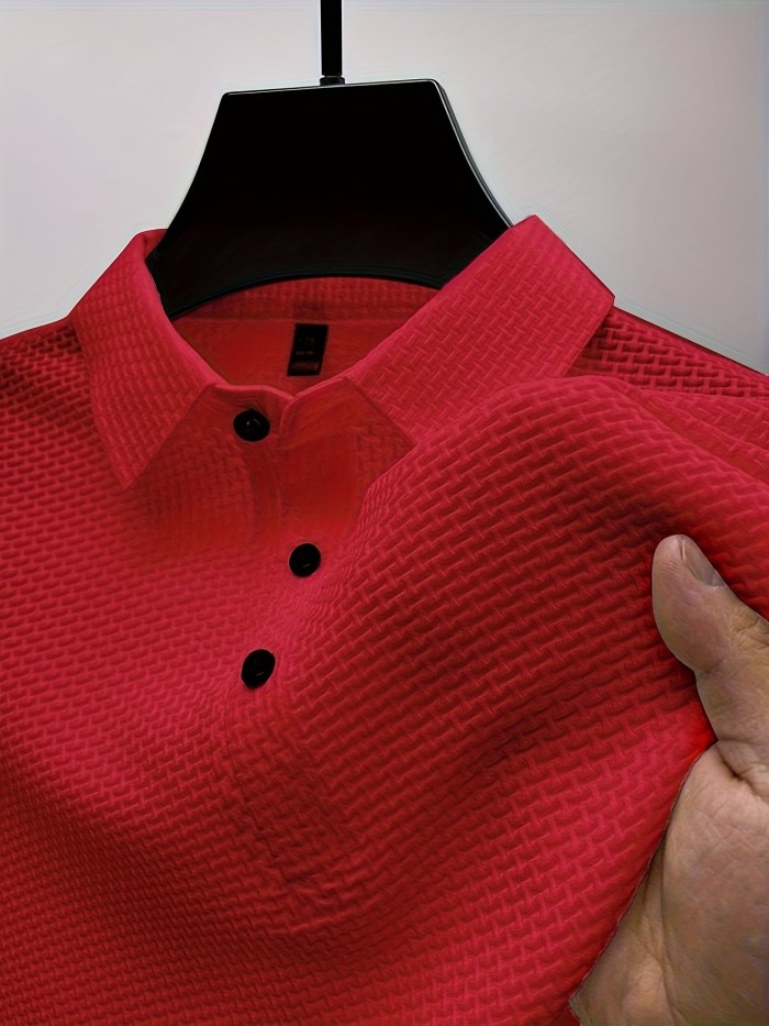 Mesh Comfy Men's Stretch Solid Short Sleeve Lapel Golf Shirt, Summer Outdoor, Gift For Men