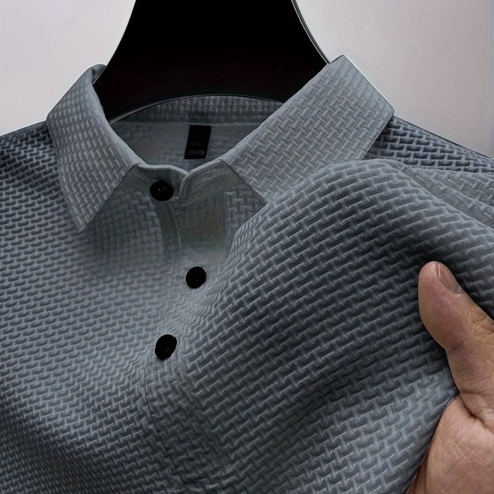 Mesh Comfy Men's Stretch Solid Short Sleeve Lapel Golf Shirt, Summer Outdoor, Gift For Men