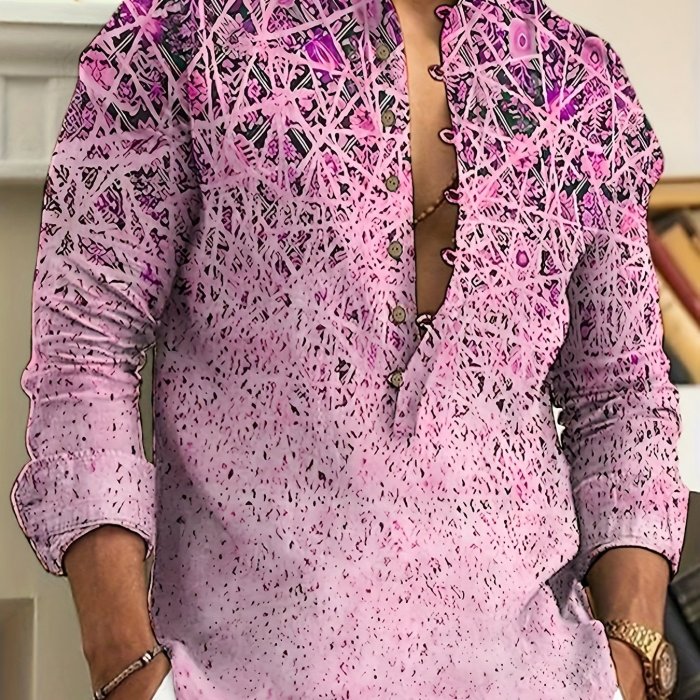 Men's Casual Printed Button Up Long Sleeve Henley Shirt