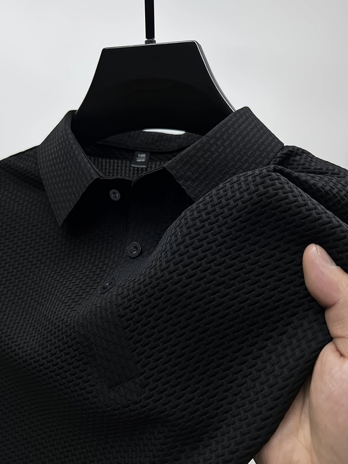 Mesh Comfy Men's Stretch Solid Short Sleeve Lapel Golf Shirt, Summer Outdoor, Gift For Men