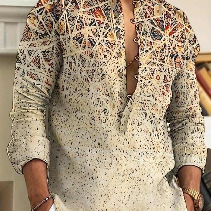 Men's Casual Printed Button Up Long Sleeve Henley Shirt