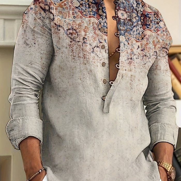 Men's Casual Printed Button Up Long Sleeve Henley Shirt