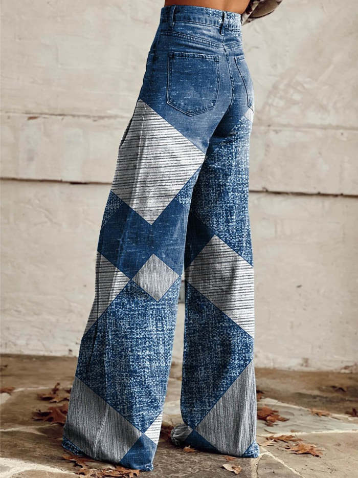 Women's Blue Print Casual Wide Leg Pants