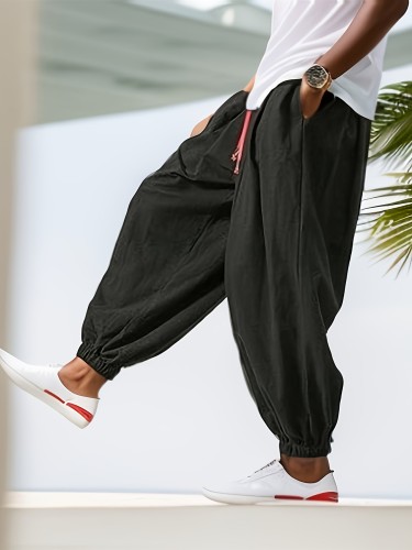 Cotton Men's Drawstring Wide Leg Harem Pants Beach Pant Casual Baggy Pants Yoga Trousers Streetwear Hiphop Rapper Style