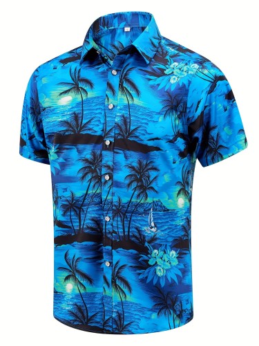 Ship And Coconut Trees Print Fashionable And Simple Men's Summer Short Sleeve Button Casual Lapel Simple Shirt, Trendy And Versatile, Suitable For Dating