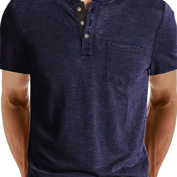 Solid Color Men's Basic Henley Tee With Chest Pocket, Casual Slim Short Sleeve Henley T-Shirt With Button