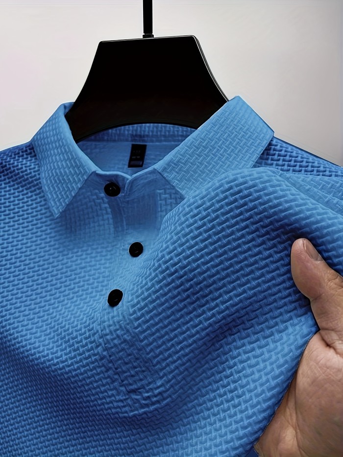 Mesh Comfy Men's Stretch Solid Short Sleeve Lapel Golf Shirt, Summer Outdoor, Gift For Men