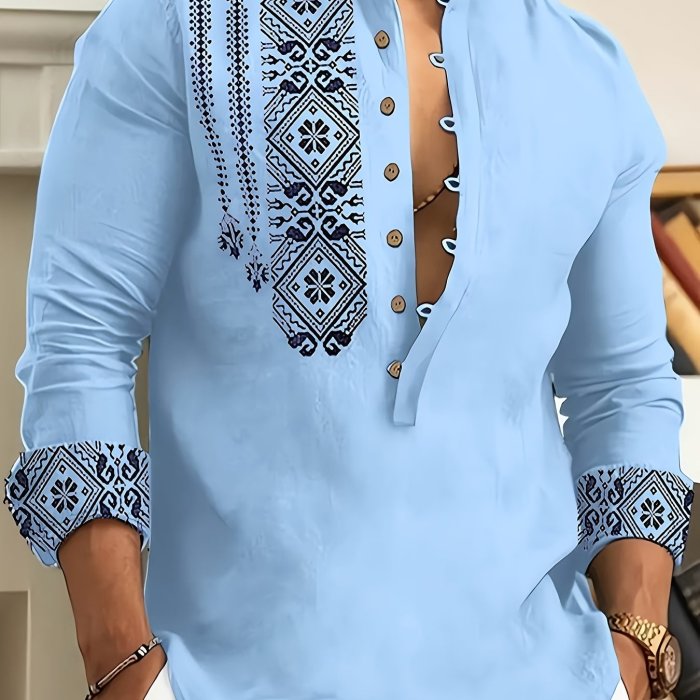 Men's Ethnic Style Trendy Geometric Pattern Long Sleeve Henley Shirts, Comfy Breathable Casual Slightly Stretch Tops, Men's Clothing