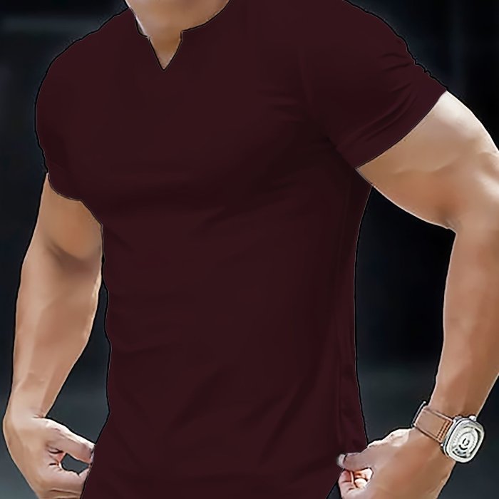 Solid Color Men's Comfy V-Neck Medium Stretch T-shirt, Men's Summer Clothes, Men's Outfits