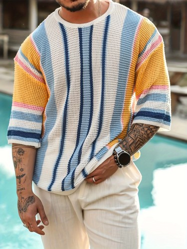 Men's Novelty Color Block Stripe Cropped Sleeve Crew Neck Knitted T-shirt, Summer Outdoor, Hawaiian Shirt