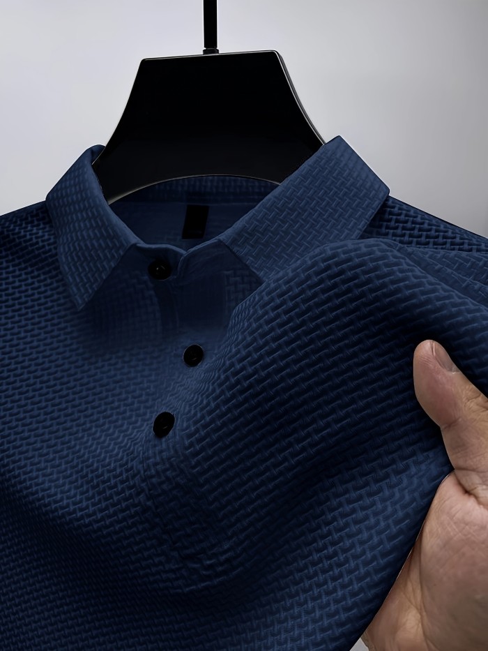 Mesh Comfy Men's Stretch Solid Short Sleeve Lapel Golf Shirt, Summer Outdoor, Gift For Men