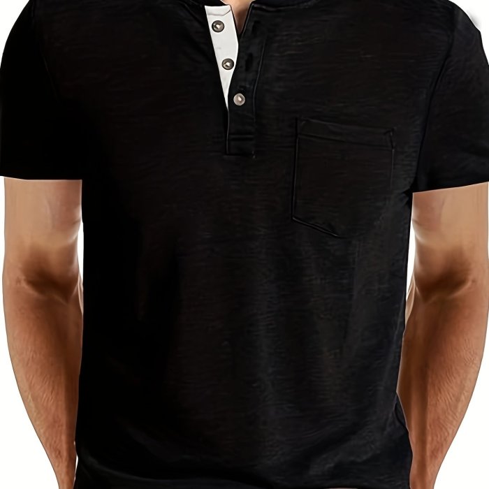 Solid Color Men's Basic Henley Tee With Chest Pocket, Casual Slim Short Sleeve Henley T-Shirt With Button