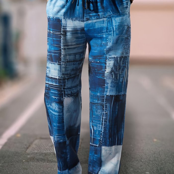 Men's Plaid Pattern Print Regular Fit Trousers With Drawstring, Fashionable And Chic Design, Casual And Comfy Pants For Outdoors Wear