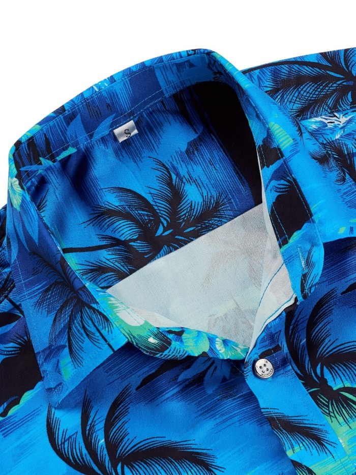 Ship And Coconut Trees Print Fashionable And Simple Men's Summer Short Sleeve Button Casual Lapel Simple Shirt, Trendy And Versatile, Suitable For Dating