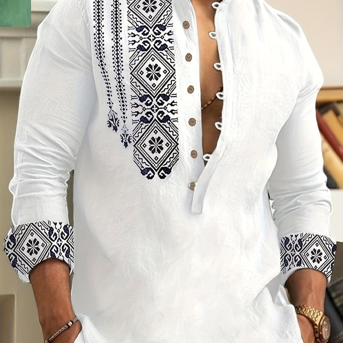 Men's Ethnic Style Trendy Geometric Pattern Long Sleeve Henley Shirts, Comfy Breathable Casual Slightly Stretch Tops, Men's Clothing