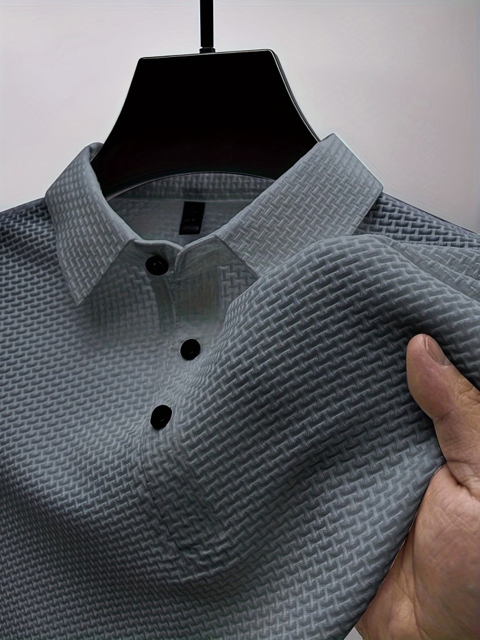 Mesh Comfy Men's Stretch Solid Short Sleeve Lapel Golf Shirt, Summer Outdoor, Gift For Men