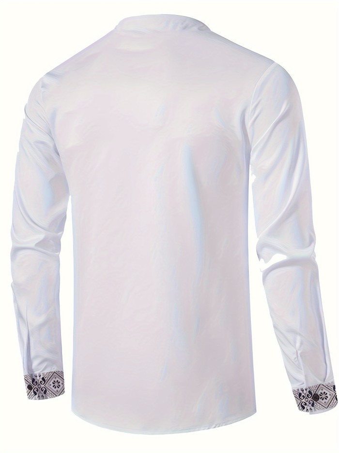 Men's Ethnic Style Trendy Geometric Pattern Long Sleeve Henley Shirts, Comfy Breathable Casual Slightly Stretch Tops, Men's Clothing