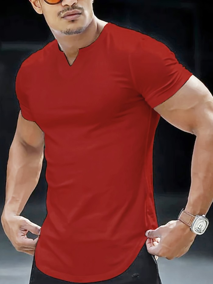 Solid Color Men's Comfy V-Neck Medium Stretch T-shirt, Men's Summer Clothes, Men's Outfits