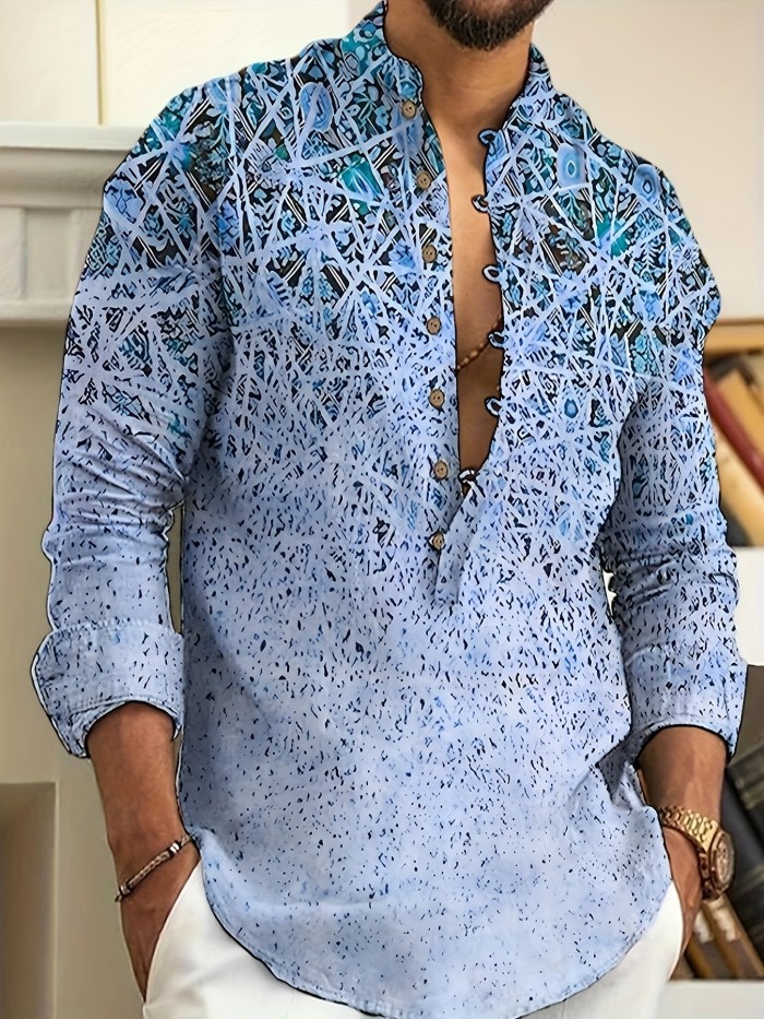 Men's Casual Printed Button Up Long Sleeve Henley Shirt