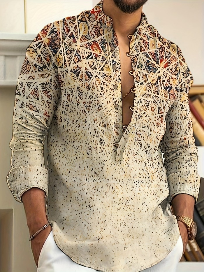 Men's Casual Printed Button Up Long Sleeve Henley Shirt