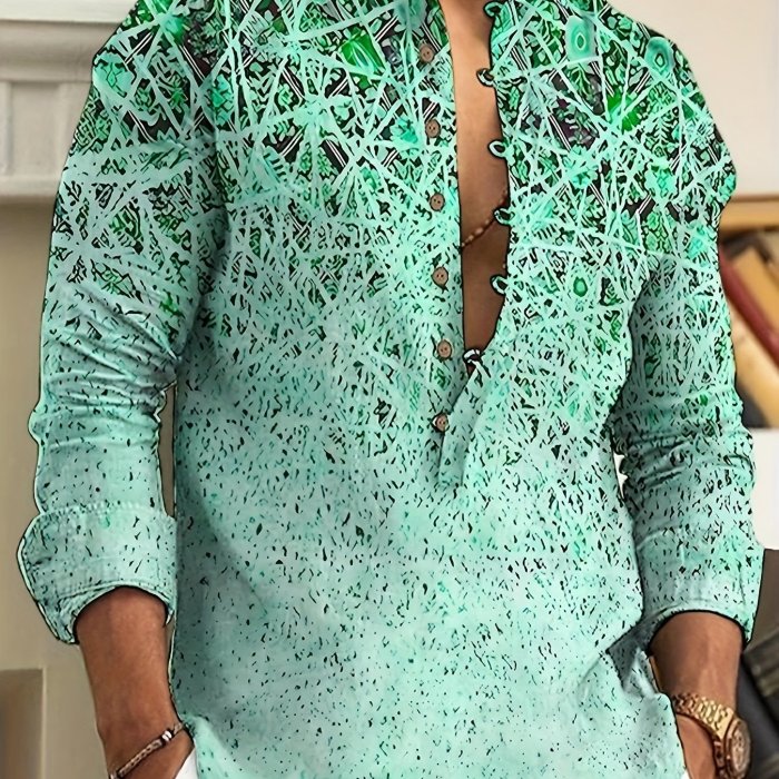 Men's Casual Printed Button Up Long Sleeve Henley Shirt
