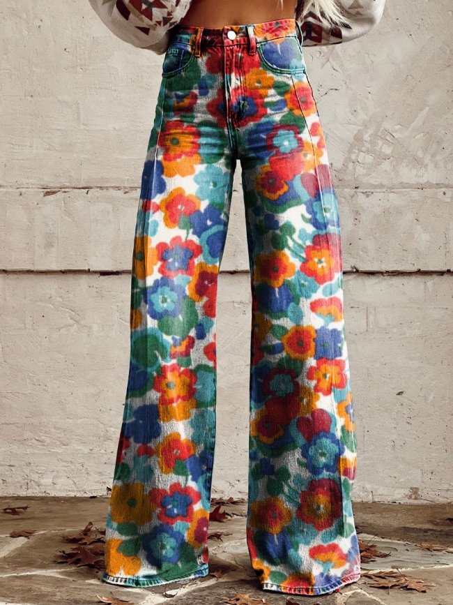 Women's Vintage Print Casual Wide Leg Pants