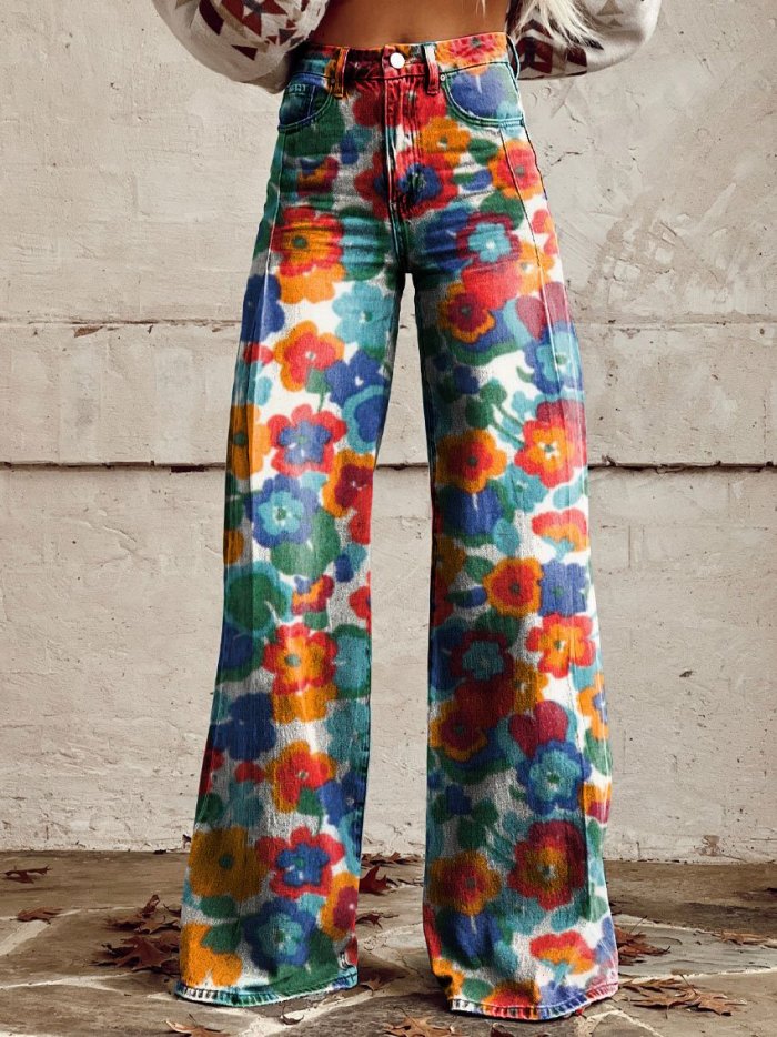 Women's Vintage Print Casual Wide Leg Pants