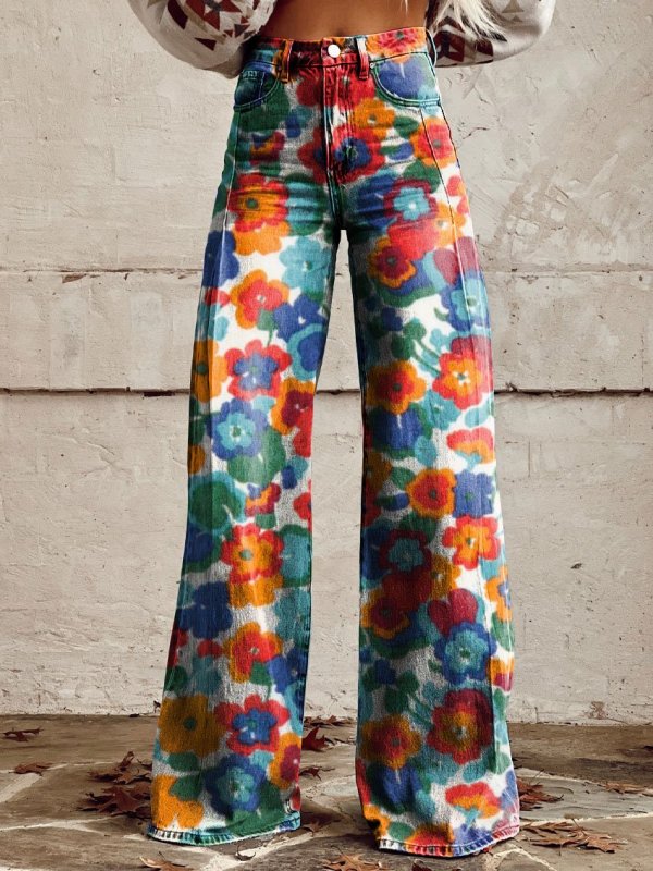 Women's Vintage Print Casual Wide Leg Pants