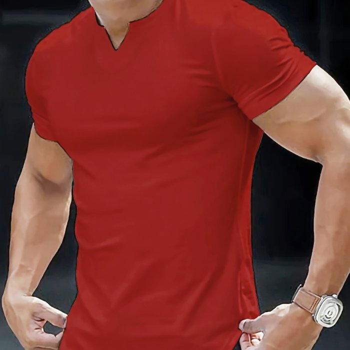 Solid Color Men's Comfy V-Neck Medium Stretch T-shirt, Men's Summer Clothes, Men's Outfits