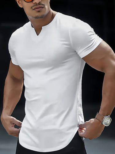 Solid Color Men's Comfy V-Neck Medium Stretch T-shirt, Men's Summer Clothes, Men's Outfits