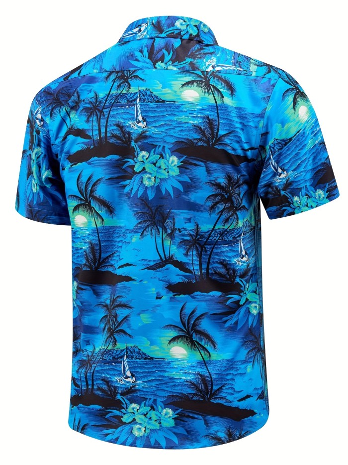 Ship And Coconut Trees Print Fashionable And Simple Men's Summer Short Sleeve Button Casual Lapel Simple Shirt, Trendy And Versatile, Suitable For Dating