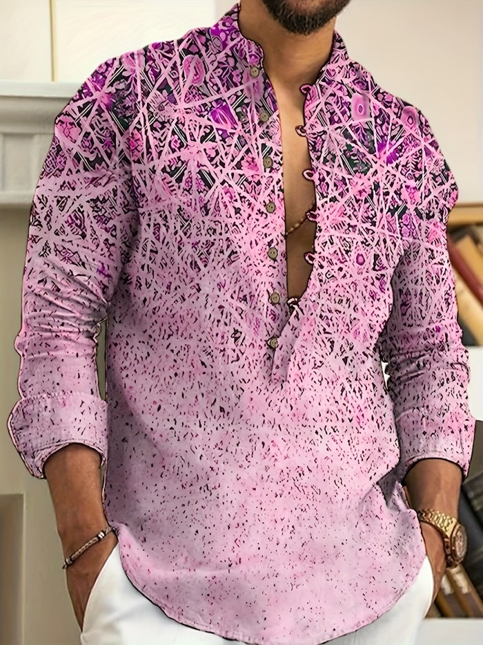 Men's Casual Printed Button Up Long Sleeve Henley Shirt
