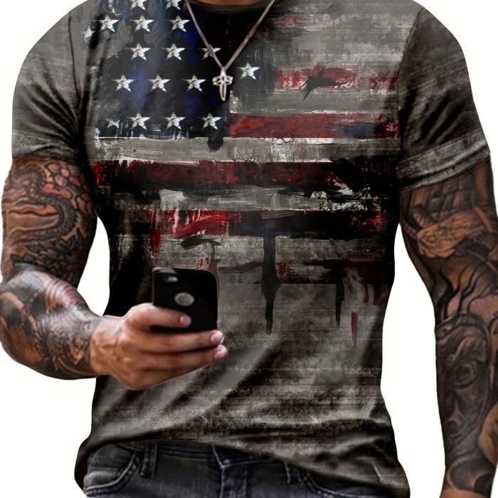 Retro Stars And Stripes Print, Men's Graphic Design Crew Neck Active T-shirt, Casual Comfy Tees Tshirts For Summer, Men's Clothing Tops For Daily Gym Workout Running