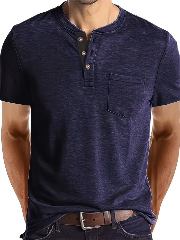 Solid Color Men's Basic Henley Tee With Chest Pocket, Casual Slim Short Sleeve Henley T-Shirt With Button