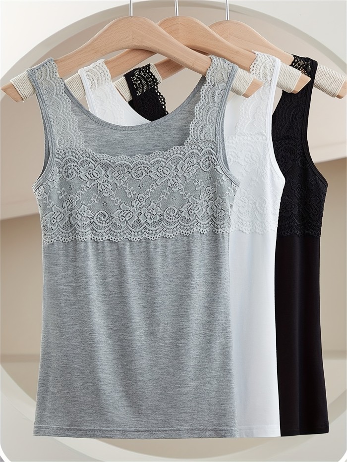 3pcs Simple Solid Contrast Lace Tank Top, All-match Vest Top, Women's Lingerie & Underwear
