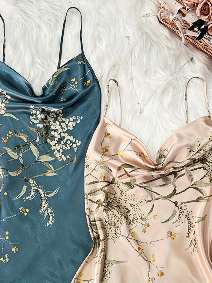 2pcs Floral Print Nightdress, Draped Collar Backless Sleep Dress, Women's Sleepwear & Dresses