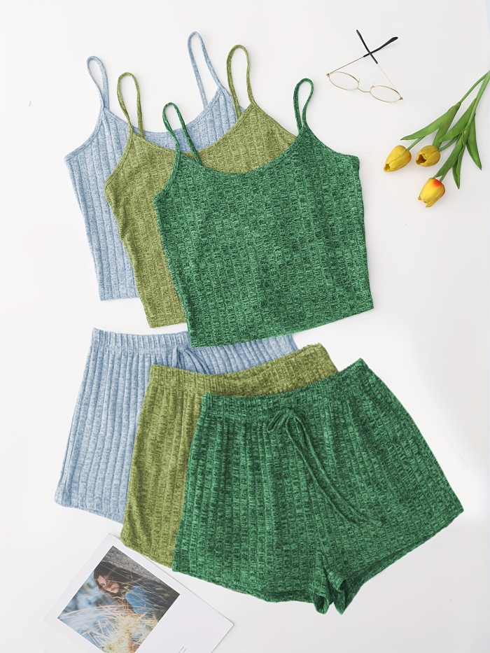3 Sets Solid Pajama Set, Round Neck Cami Top & Lace-up Shorts, Women's Sleepwear & Loungewear