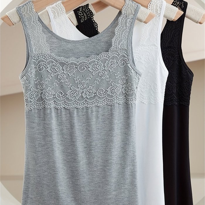 3pcs Simple Solid Contrast Lace Tank Top, All-match Vest Top, Women's Lingerie & Underwear